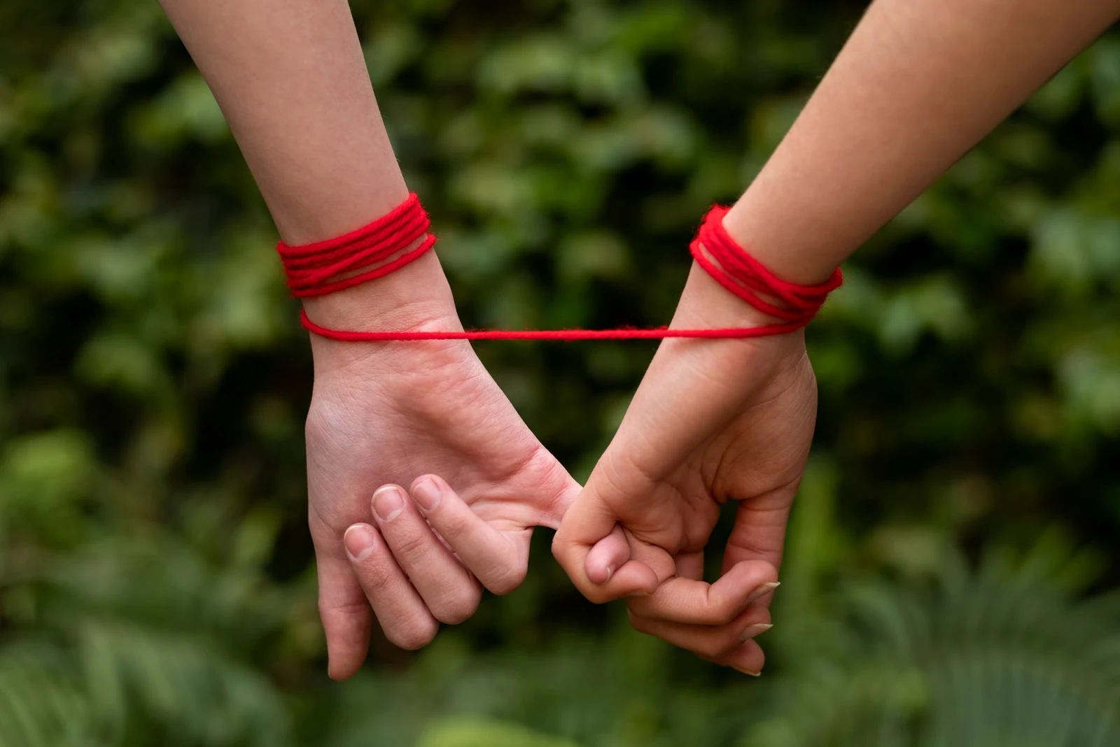 Mãos conectadas por um fio vermelho em composição simbólica